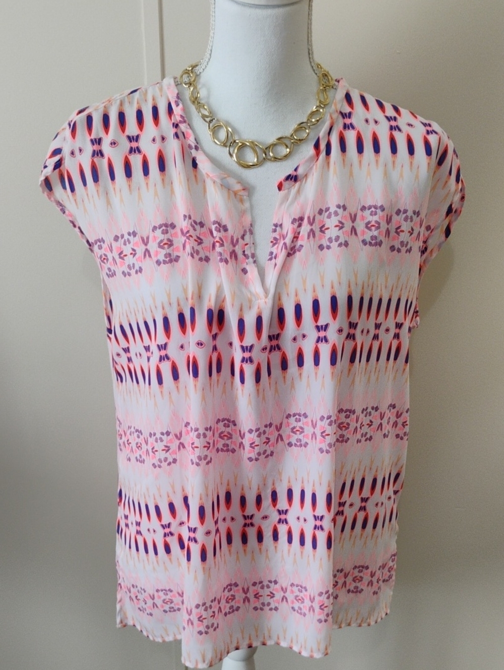 STYLUS Pink and Navy Patterned Cap-Sleeve Blouse